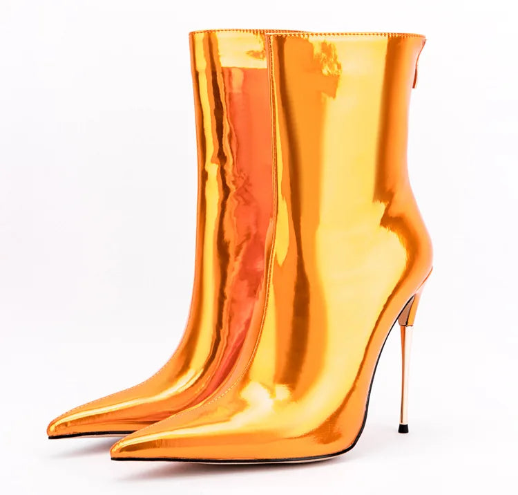 Shiny Blue Mirror Stiletto Boots with Side Zipper for Women
