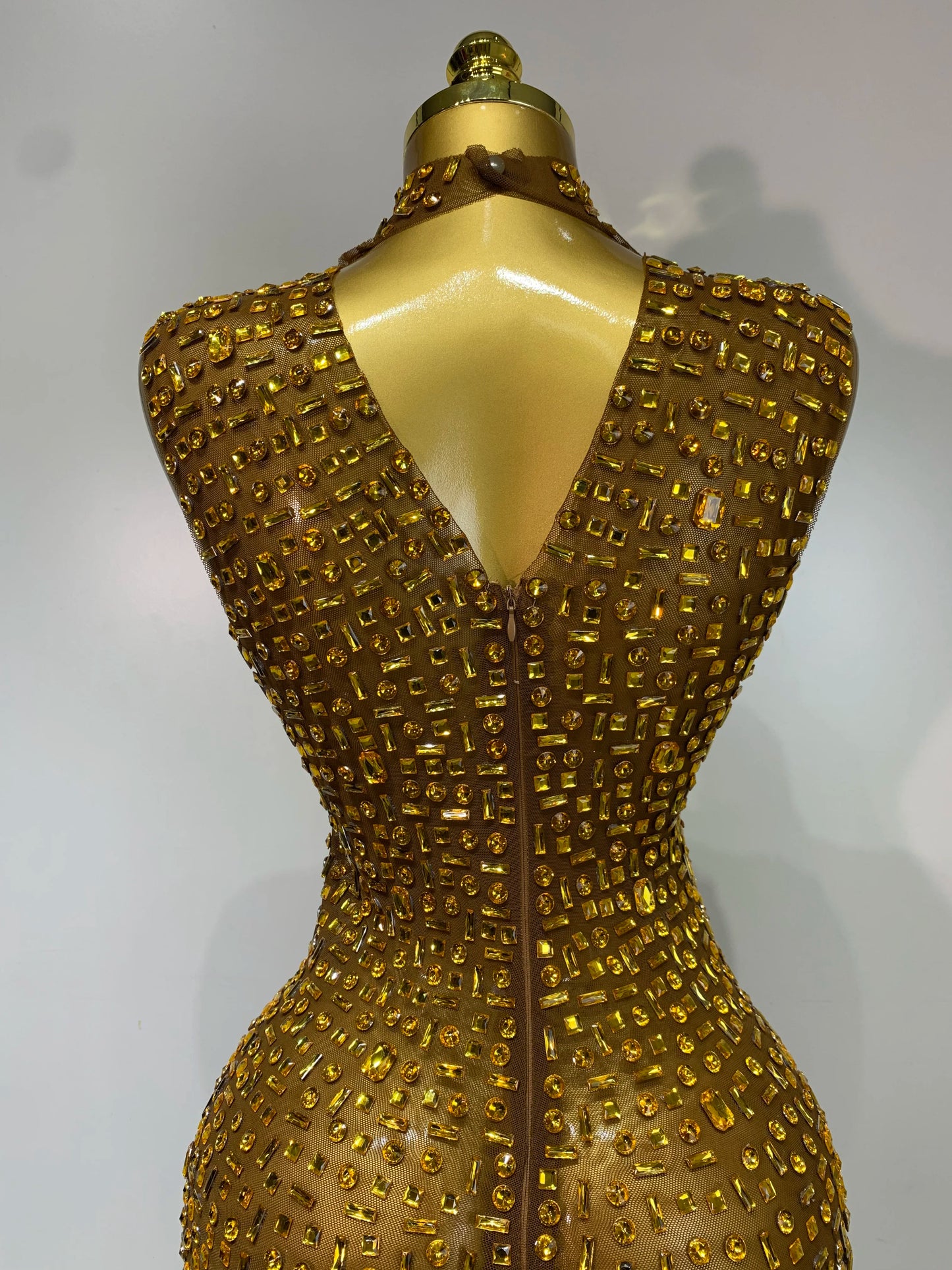 Sparkly Gold Rhinestone Sleeveless Stretch Long Dress Women Sexy Mesh Celebrate Evening Prom Birthday Dress Photo Shoot Wear