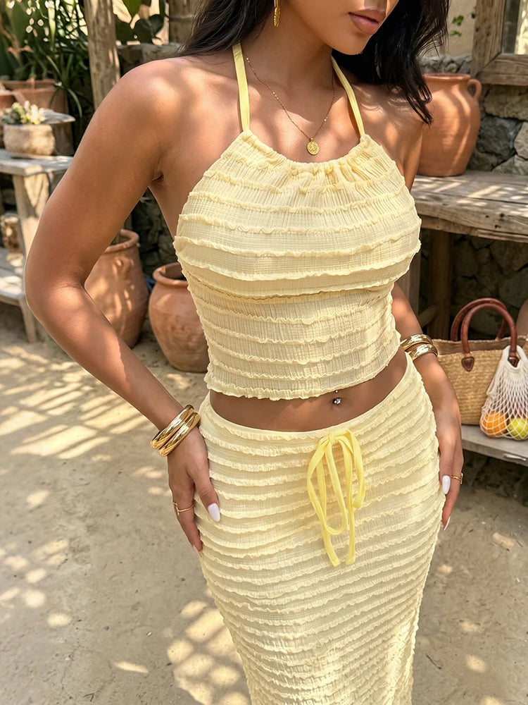 Ruffled Edge Halter Backless Two-Piece Set for Women