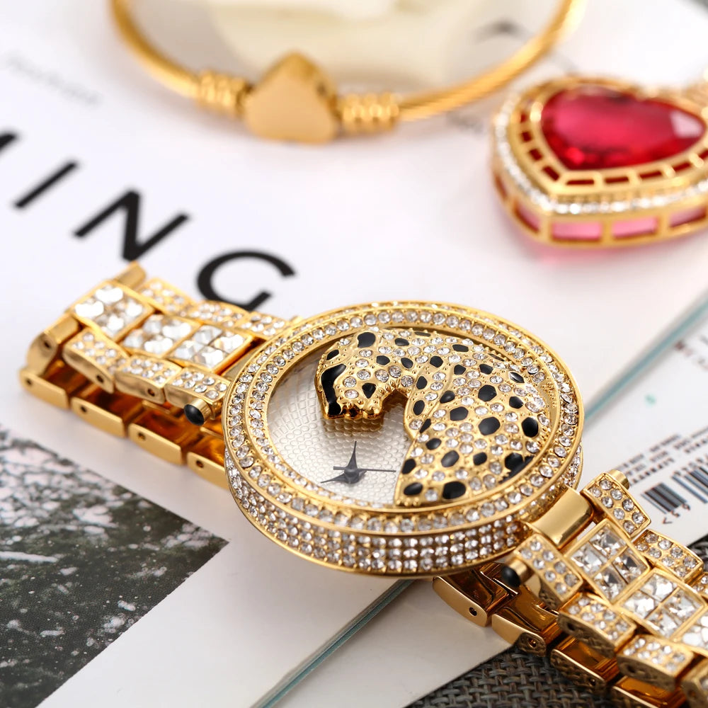 MISSFOX Women Quartz Watch Fashion Bling Casual Ladies Watches Female Quartz Gold Watch Crystal Diamond Leopard For Women Clock