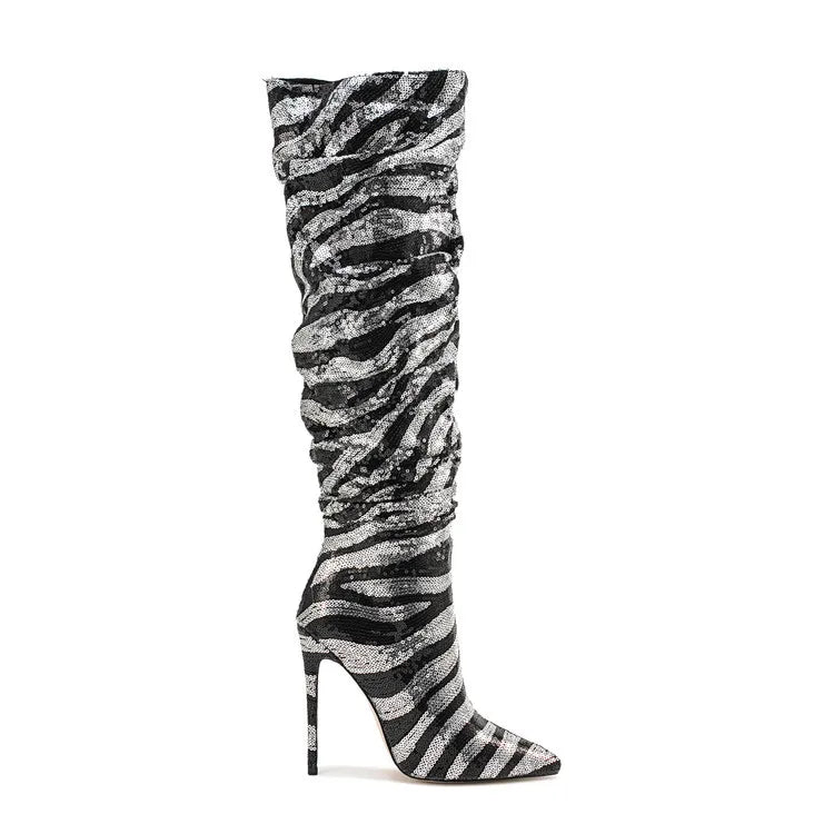 Sequined Pointed Toe Knee High Heeled Boots for Women