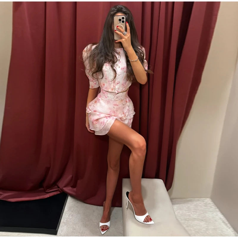 Floral Print Slim Top and Ruffle Skirt Set for Women