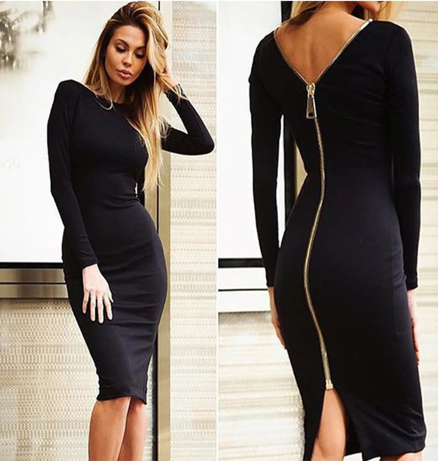 Solid Color Backless Zipper Hip Slit Slim Midi Dress for Women