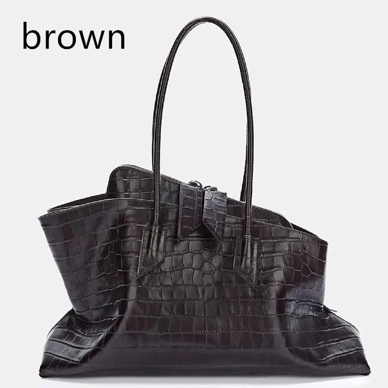 Retro Crocodile Pattern Large Capacity Tote Bag Design Women's Pleated  Leather Shoulder Bag Female Daily Commuter Bag 2025