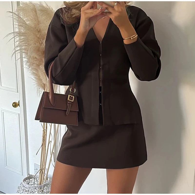 Elegant Knit Two Piece Set With Front Cutout and V Neck For Women