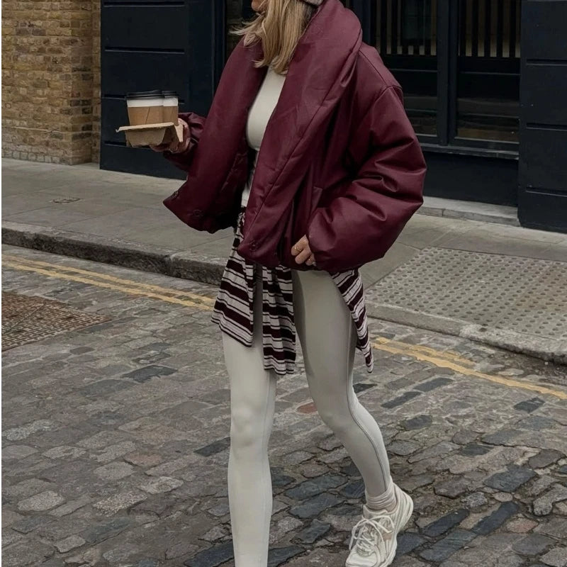 PU Leather Women's Cotton Coat Vintage Laple Full Sleeve Thicken Pockets Female Parka Jackets 2025 Autumn Winter Lady Streetwear