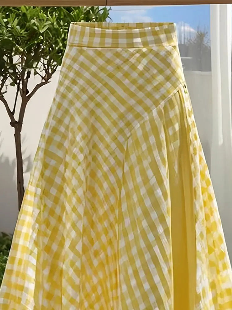 Dopamine Yellow Plaid Pleated Waist Midi Skirt for Women