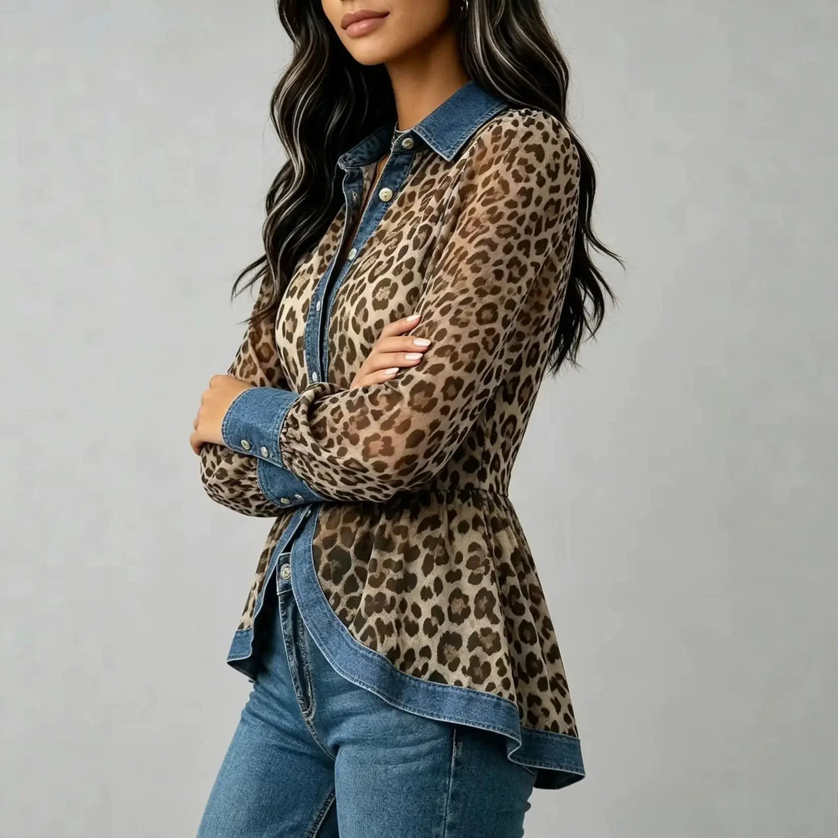 Leopard Print Chiffon Peplum Long Sleeve Blouse for Women