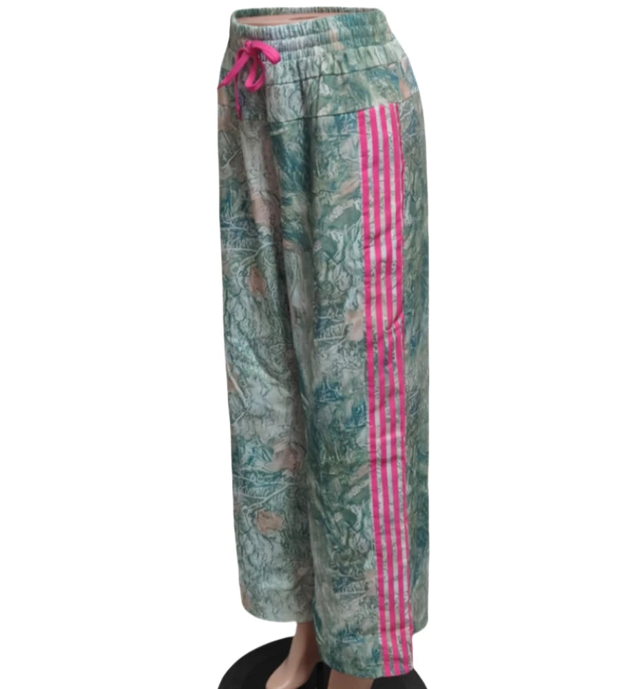 HLJ Fashion Camouflage Print Straight Leg Pants Women Stripe Drawstring Patchwork Pants Casual Female Streetwear Bottoms 2025