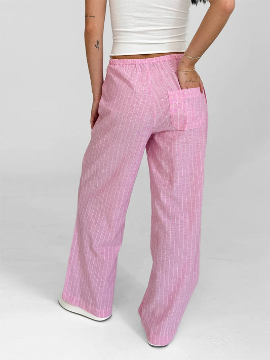 Women Loose Pants Stripe Micro-Sheer Drawstring Elastic Waist Trousers Spring Fall Casual Sweatpants Bottoms