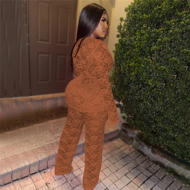 Sexy Lace Sheer Open Stitch Two Piece Set for Women