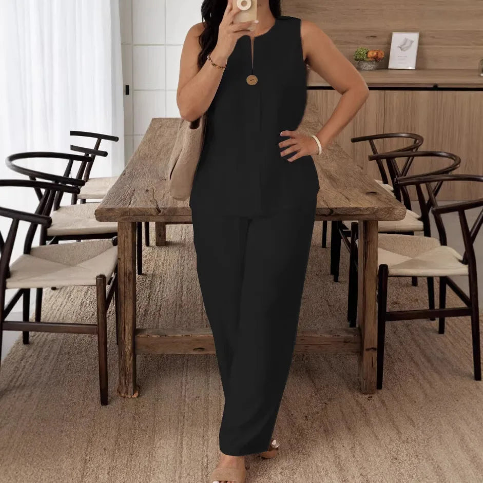 Vintage Button Tank Top and Elastic Waist Pants Set for Women