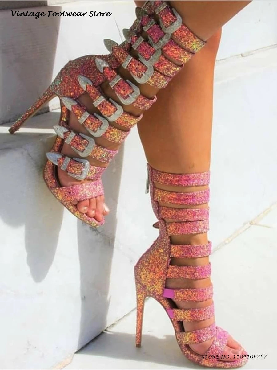 Glittering Sequined Open Toe Thin Heel Sandals for Women