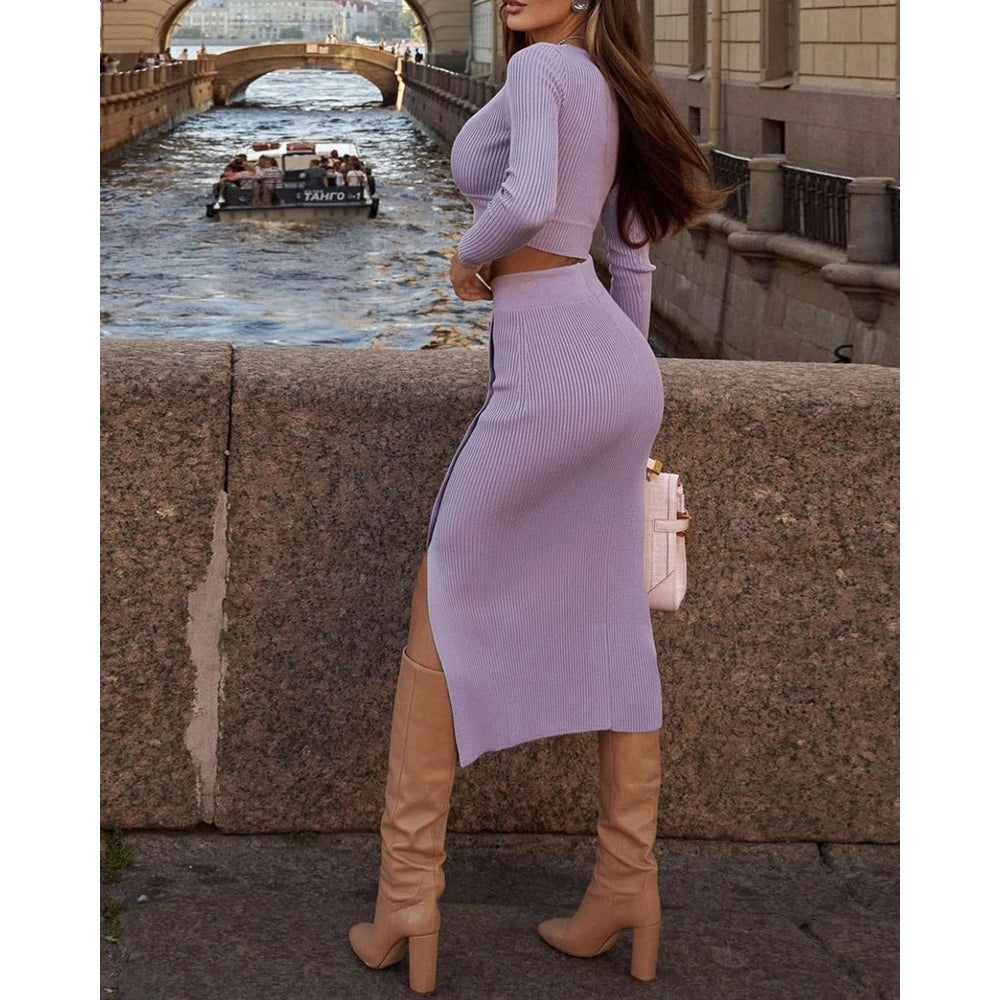 Casual Autumn Women V-Neck Long Sleeve Ribbed Knit Top & Button Slit Midi Skirt Set Slim Fit Two Pieces Dress Set