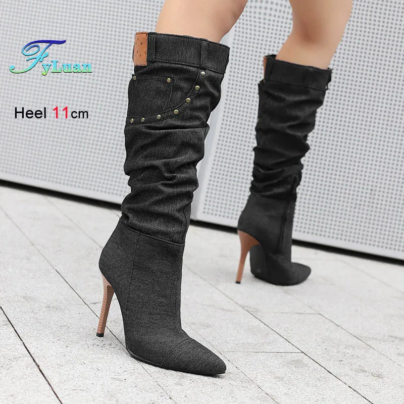 Fashion Knee High Pointed Pleated Denim Boots With Stiletto Heels For Women