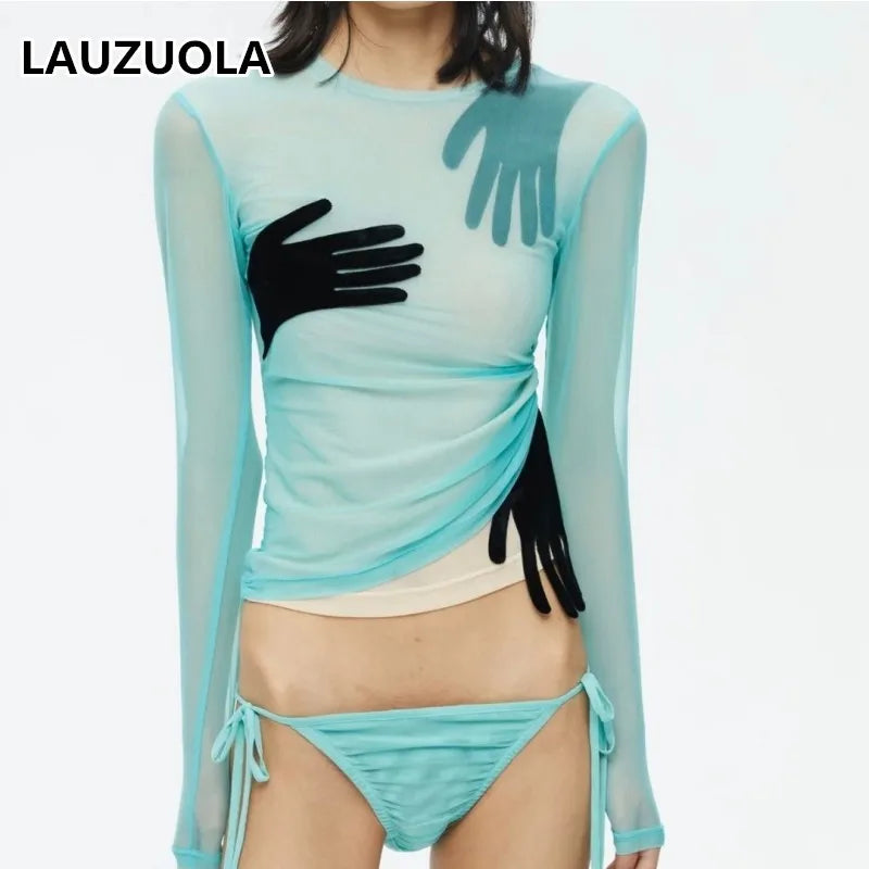 Velvet Patchwork See Through Mesh Long Sleeve Top for Women