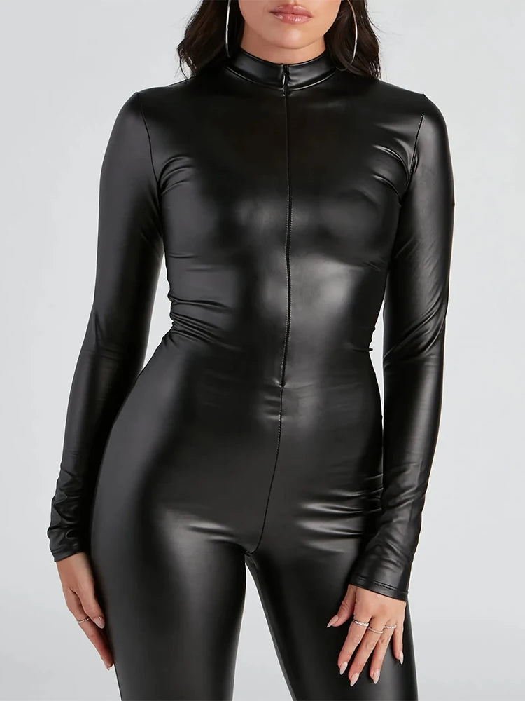 Long Sleeve Slim Fit Faux Leather Jumpsuit for Women