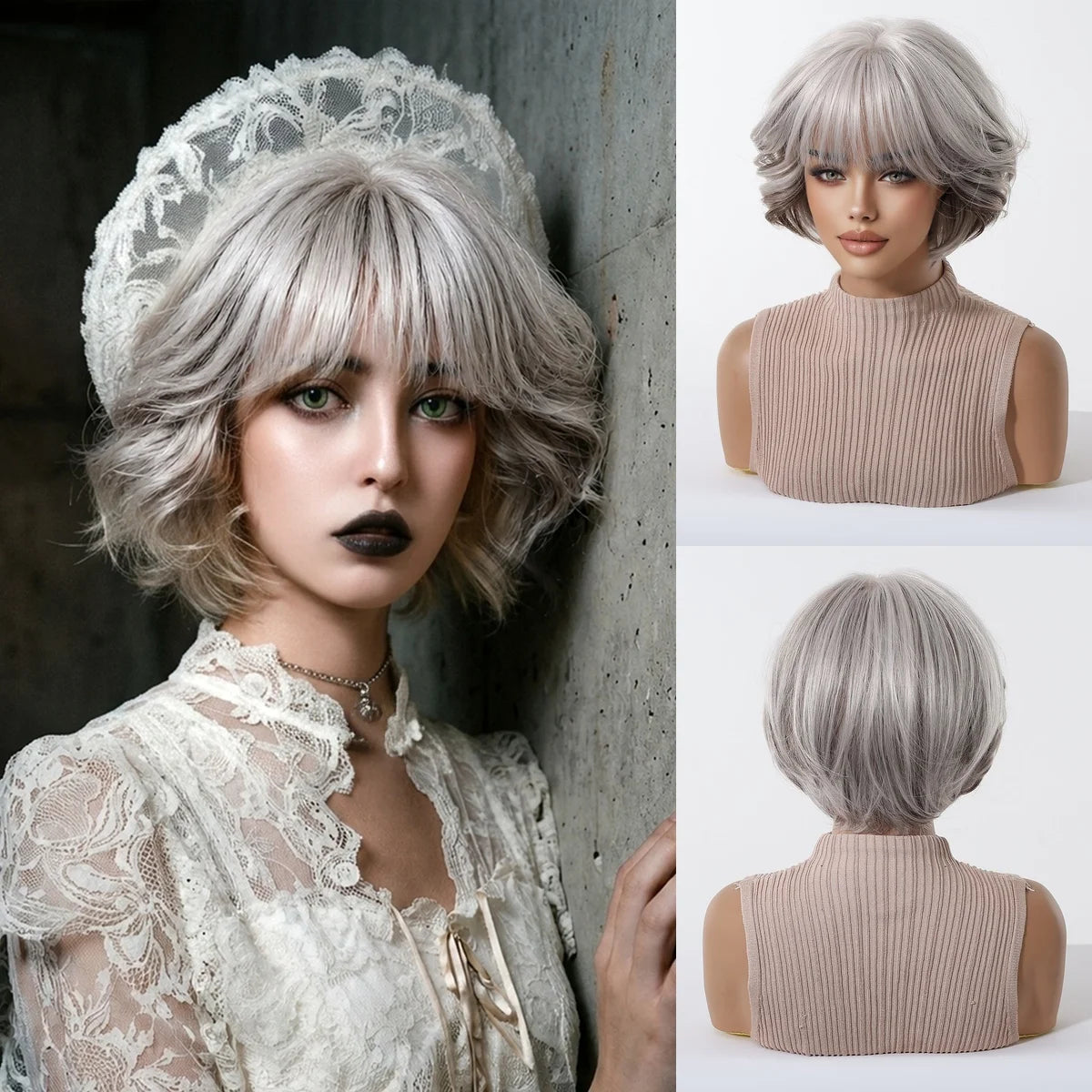 Pink Purple Ombre Curly Synthetic Wig With Bangs for Women