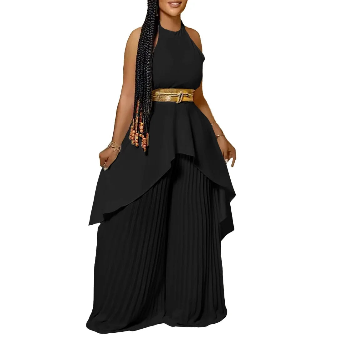 2 Pieces Pants Sets Womens Outfits Blouse Extra Long Sleeveless Backless Belt Waisted & Wide Leg Pants Pleated Floor Length Sets