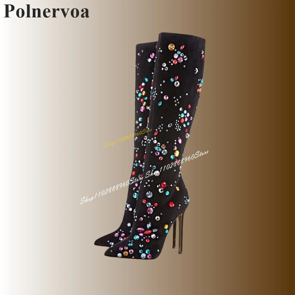 Knee High Black Flock Colorful Crystals Pointy Boots Thin High Heel Women Shoes Side Zipper Pointed Toe Gorgeous Women Boots