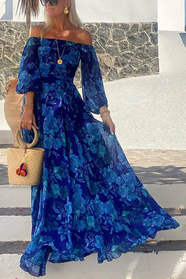 Vintage Pattern Print Long Dress Women Sexy Off Shoulder Long Sleeve Party Dress Fashion Waist Pleat Loose Hem Beach Dress