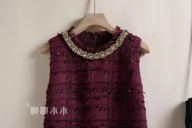 Elegant Tweed Beaded Pocket A-Line Dress for Women