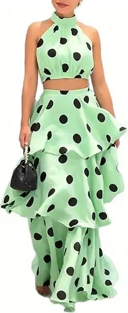 Polka Dot Sleeveless Pleated Two Piece Dress Set for Women