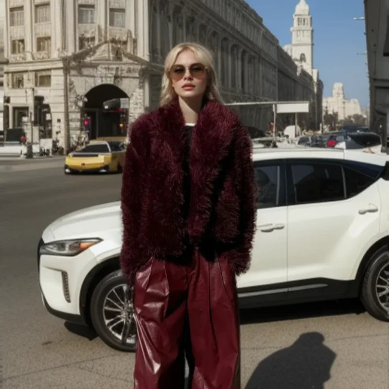 Burgundy Faux Fur Coat Vintage Long Sleeve Furry Warm Jacket Casual Fashion Women Coats 2025 Autumn High Street Lady Outerwear