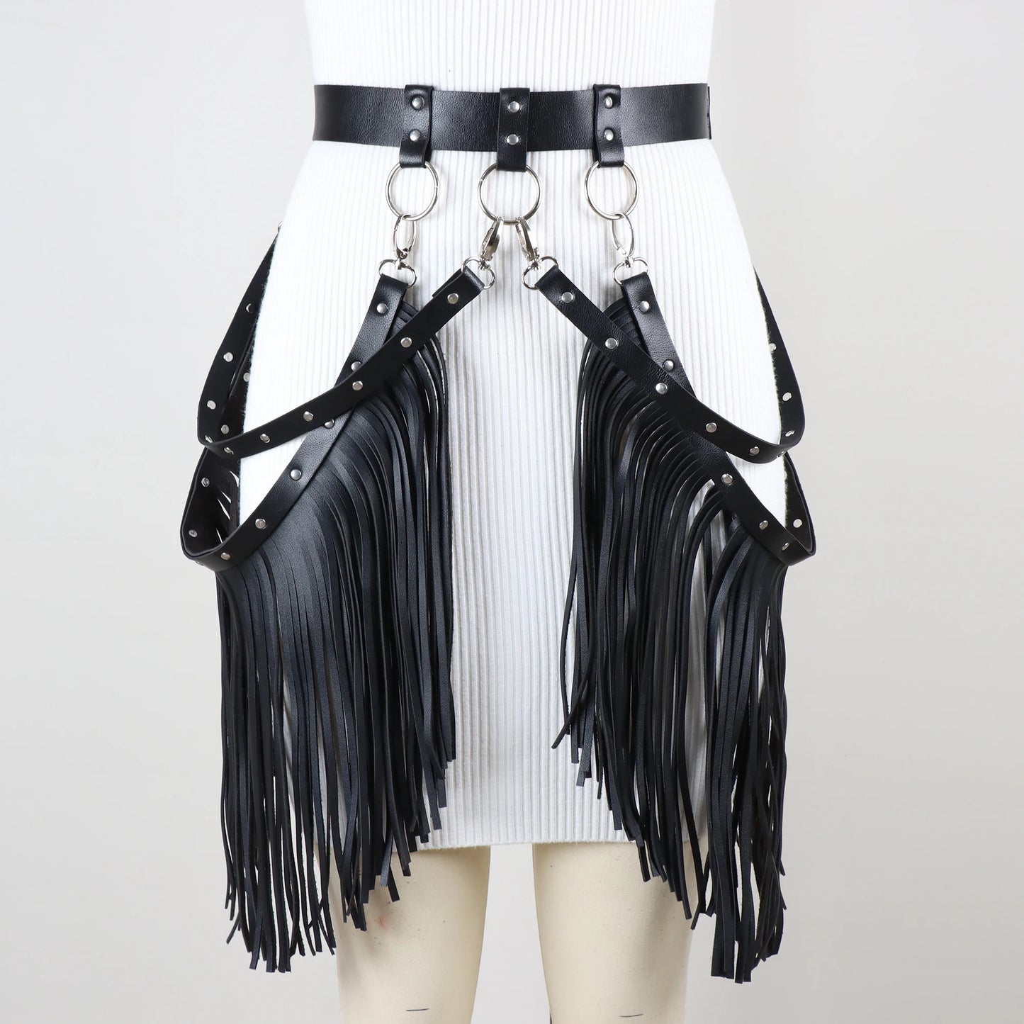 Gothic Leather Harness Skirt With Fringe for Women