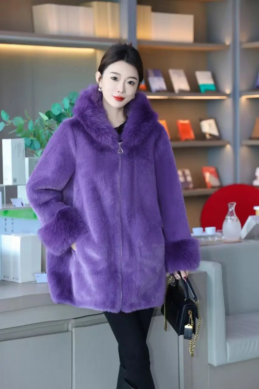 Faux Mink Fur Coat for Women,Zippers Jacket,Female Clothes,Fur Collar,Thick Warm,Autumn and Winter,2025