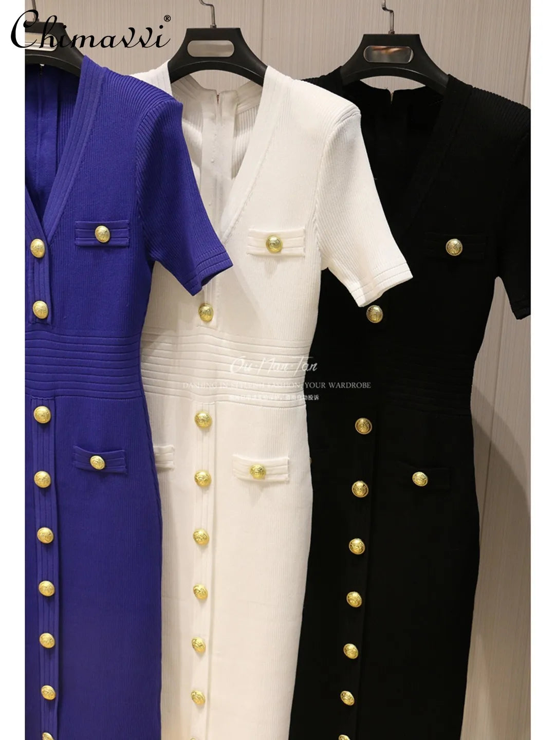 2026 Summer Fashion V-neck Metallic Buckle Knit Bodycon Midi Dress Women's Commute Slim Fit Elegant Short Sleeve Dresses