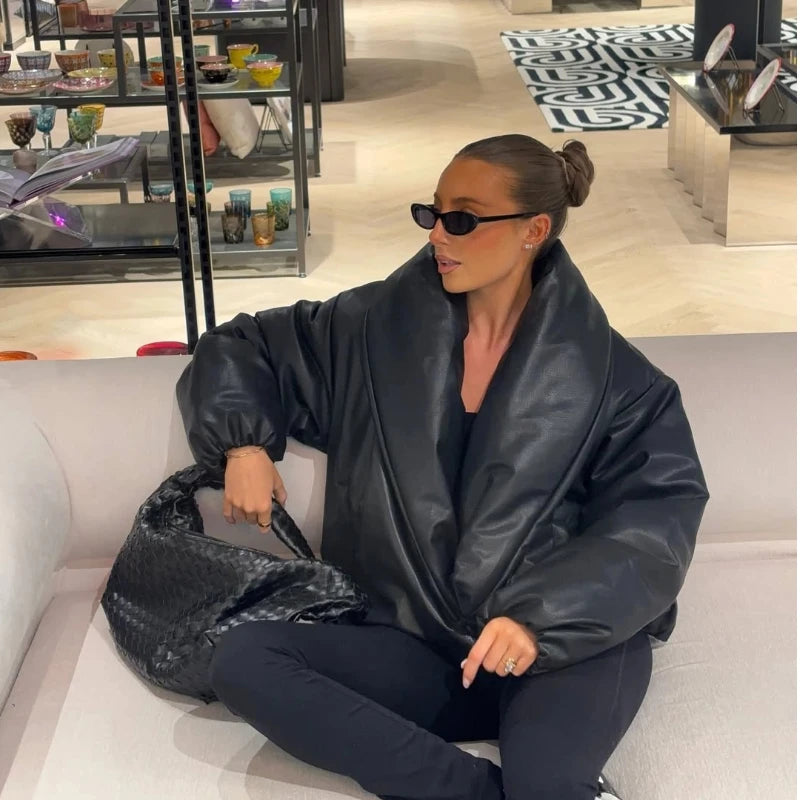 PU Leather Women's Cotton Coat Vintage Laple Full Sleeve Thicken Pockets Female Parka Jackets 2025 Autumn Winter Lady Streetwear