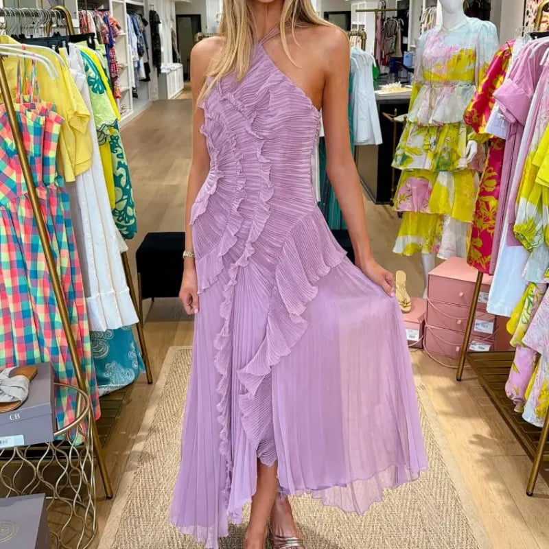 Chic Pleated Halter Neck Long Vacation Dress High Quality Purple Strapless Lotus Edge Maxi Dress 2025 New Lady Vacation Gown