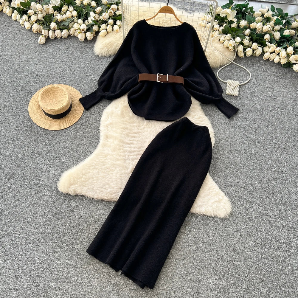 Batwing Sleeve Knit Top and High Waist Skirt Set for Women