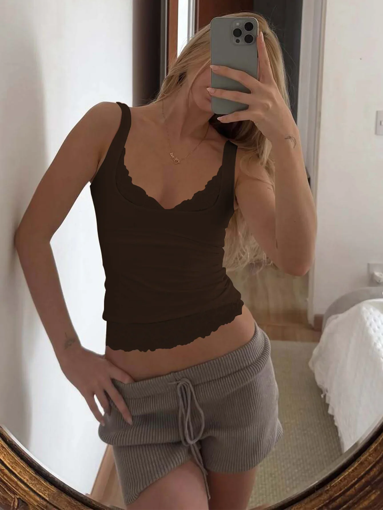 Square Collar Backless Lace Knit Tank Top for Women
