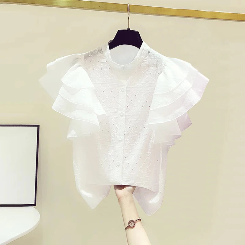 ZANZEA Korean Fashion Lace Shirt Women Ruffle Short Sleeves Tops 2024 Summer Designer Blouse Office Lady Lapel Neck Buttons Tops