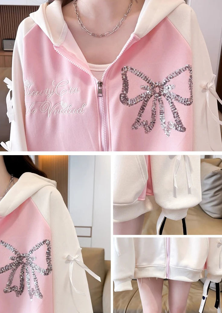 Woman Hooded Tops Bow Y2k Style Kpop Youthful Clothes Sweat-shirt Essential Matching Full Zip Up Hoodies Sweatshirt for Women
