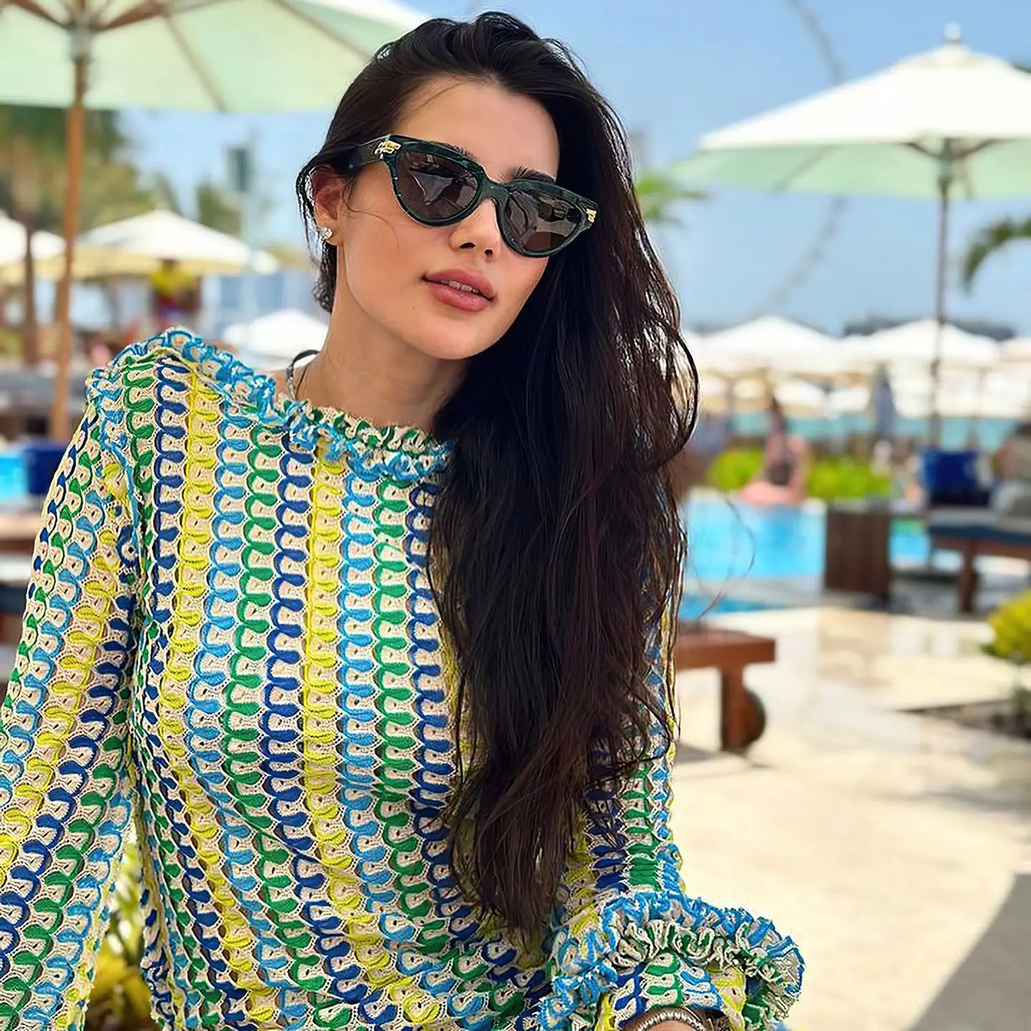 Sexy Backless Flare Sleeve Lace Knit Cut Out Party Beach Maxi Dress 2025 Summer Women Vacation Beachwear Swimsuit Cover Up A2815