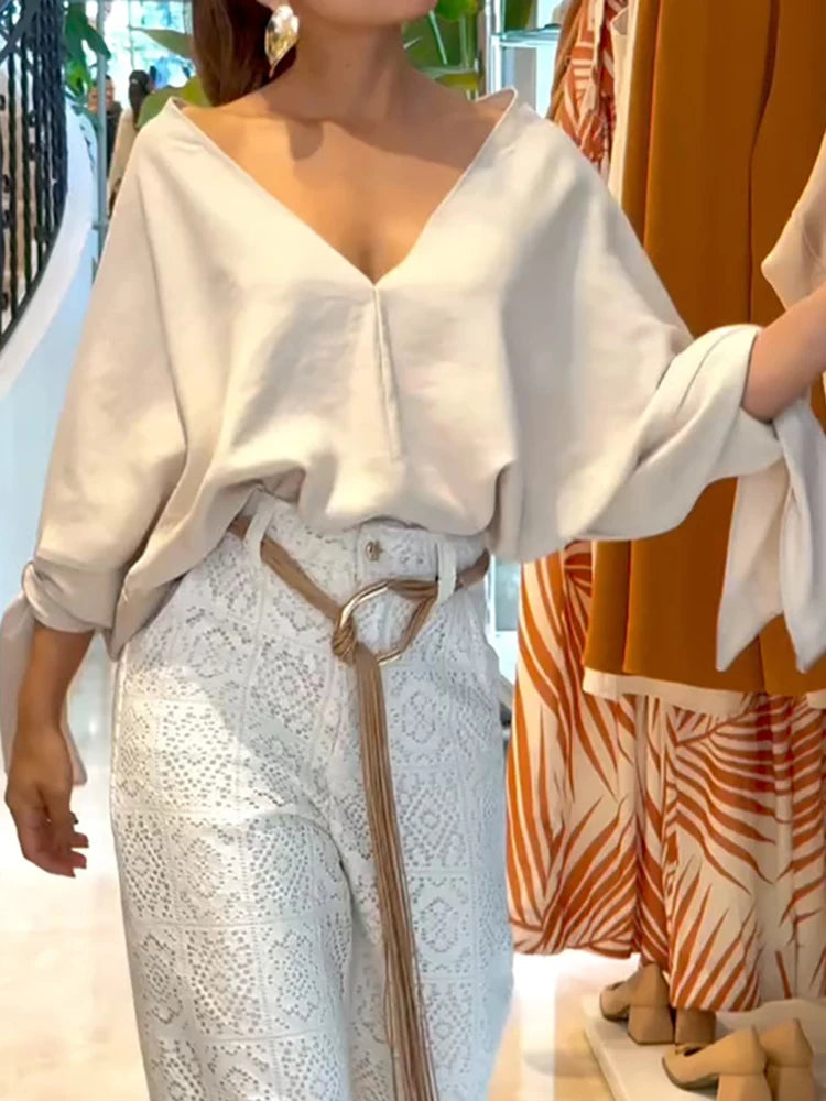 New Spring Autumn Loose V Neck Chic Blouses, Women Casual Batwing Sleeve Simple Tops, 2025 Solid Lace-Up Patchwork Ladies Shirts