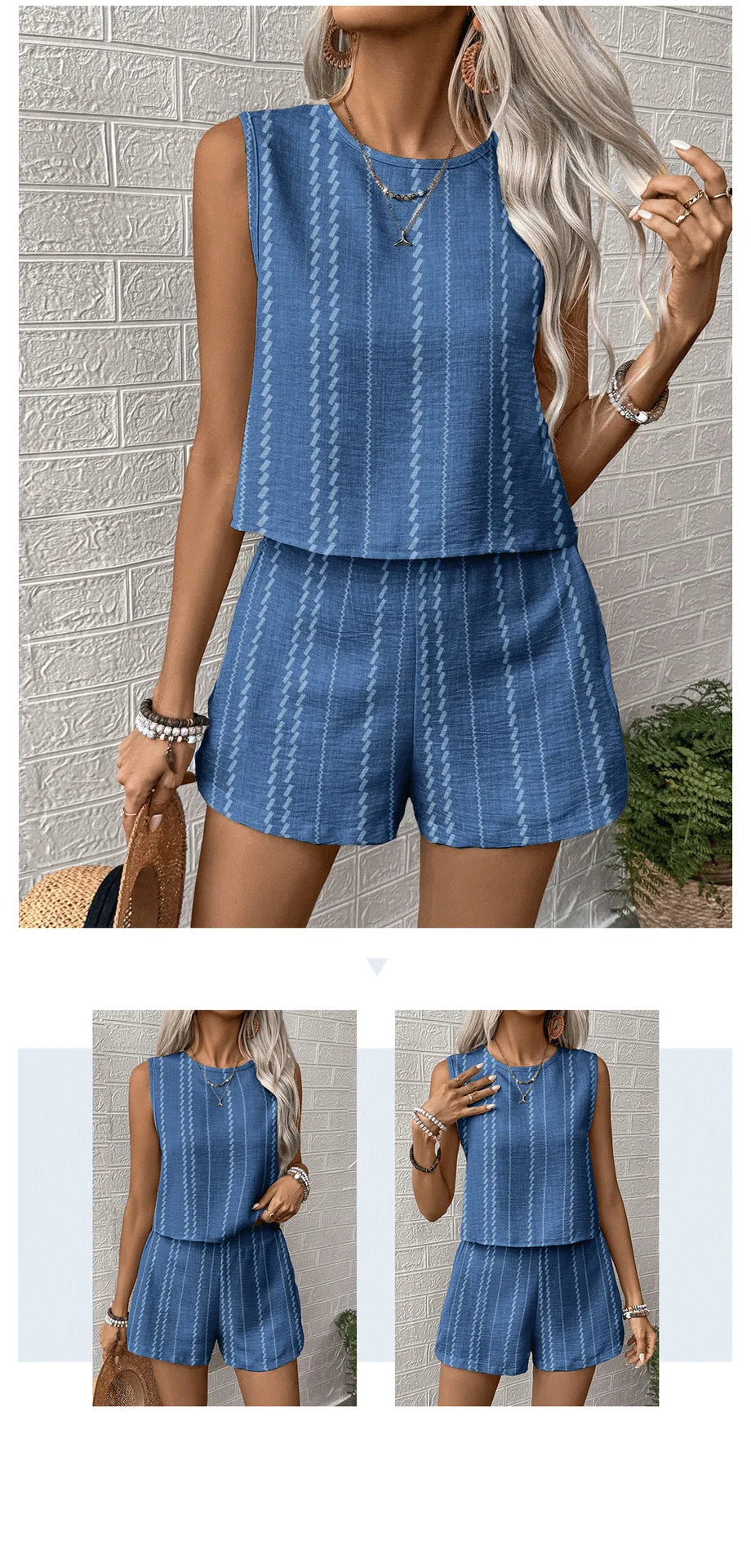 Vertical Striped Crop Top And Shorts Two Piece Set for Women