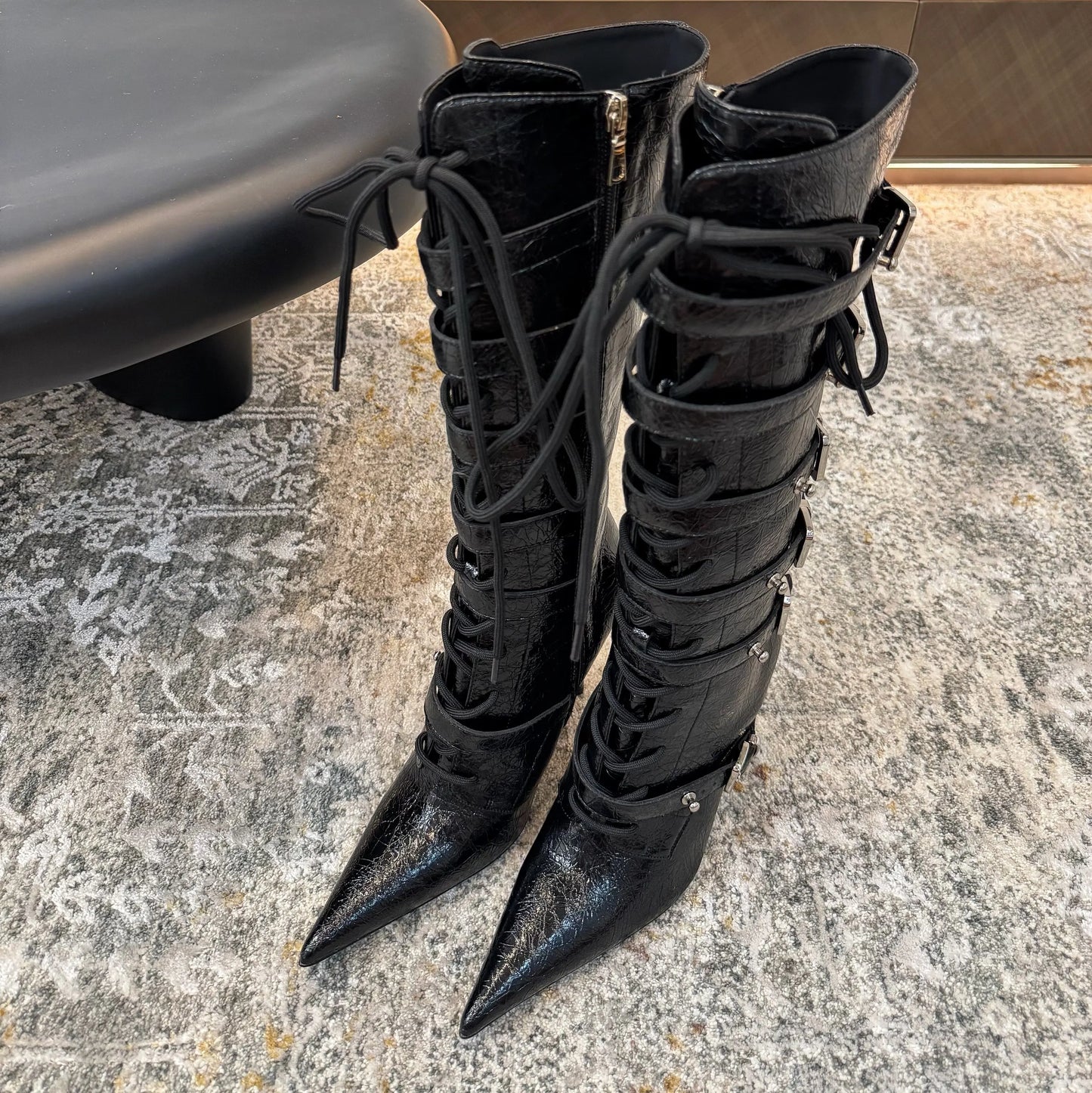 Pointed Toe Belt Strap Lace Up Fur Lined Knee Boots For Women