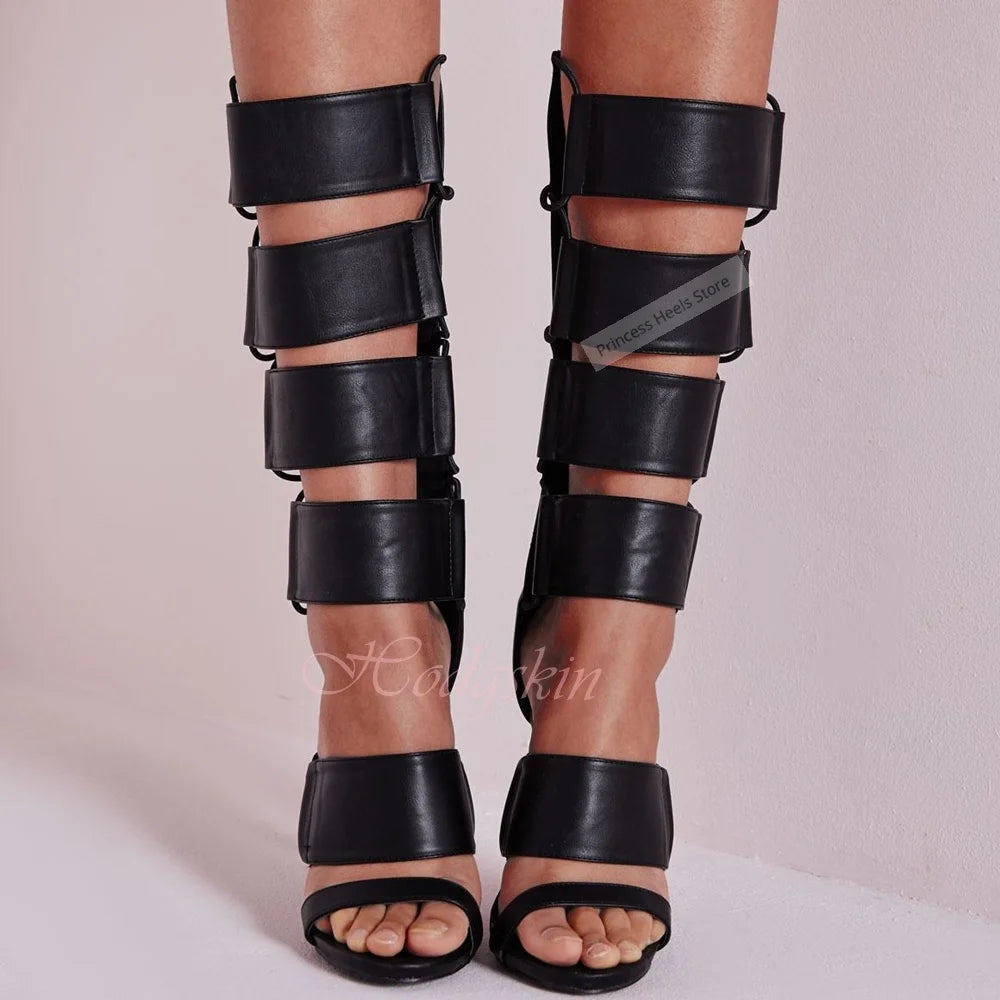 Knee High Cutout Strappy Leather Boots With Stiletto Heels for Women