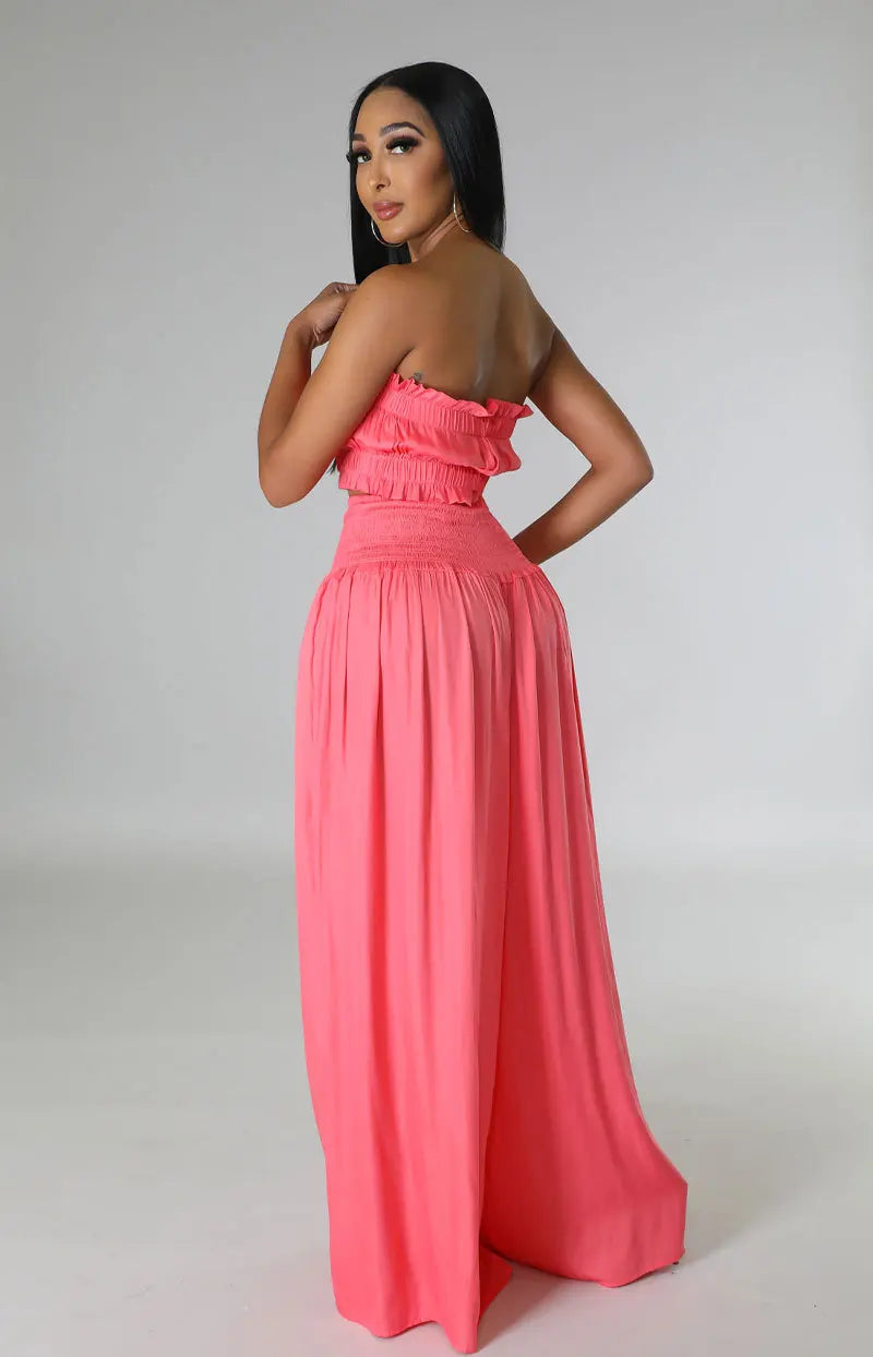 Lace Up Strapless Top Two Piece Pants Set for Women