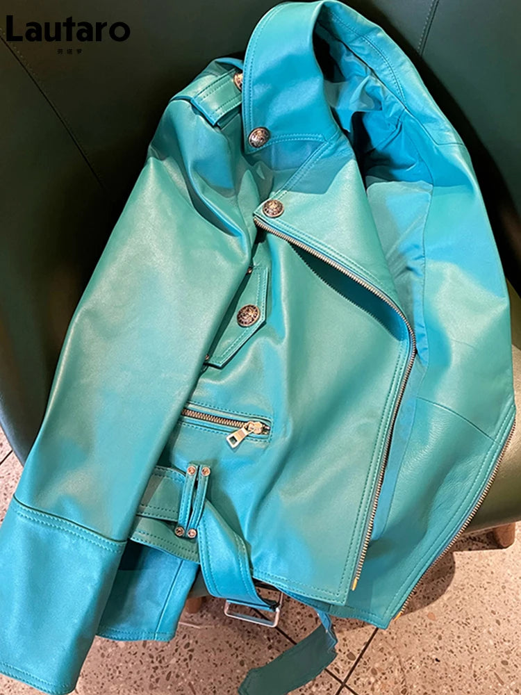 Bright Green Faux Leather Biker Jacket With Adjustable Waist For Women