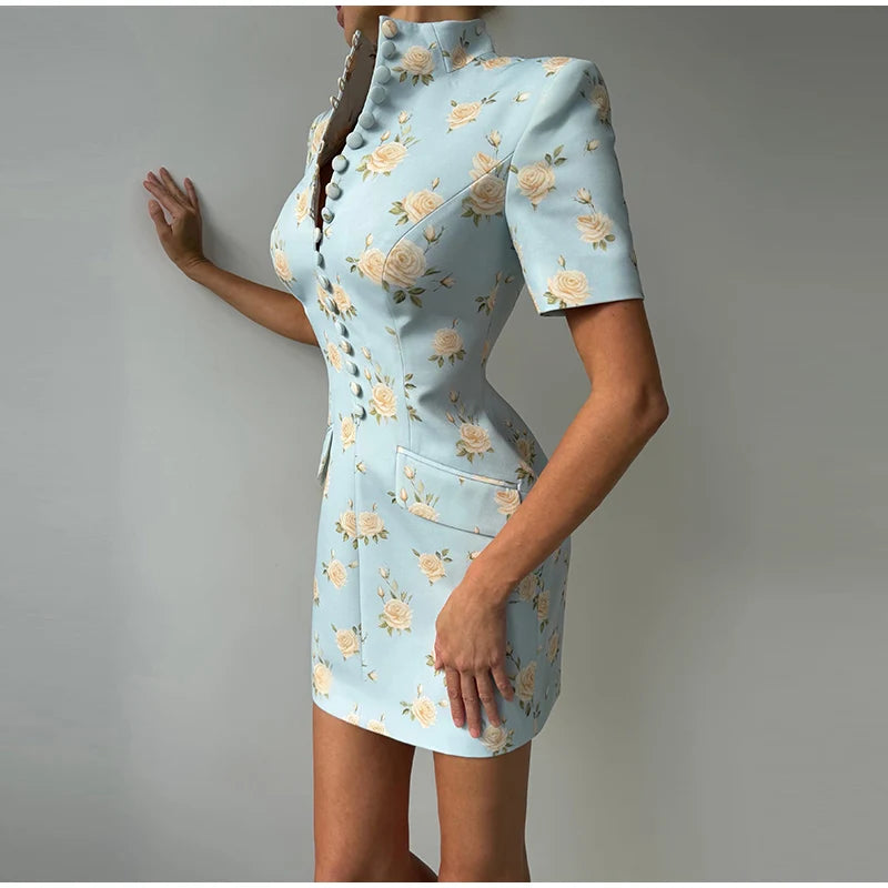 Elegant Printed Short Sleeve Stand Collar Dress for Women