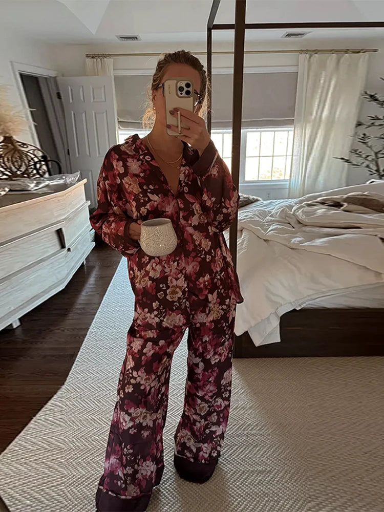 Casual Print Blouse and Wide Leg Pants Set for Women