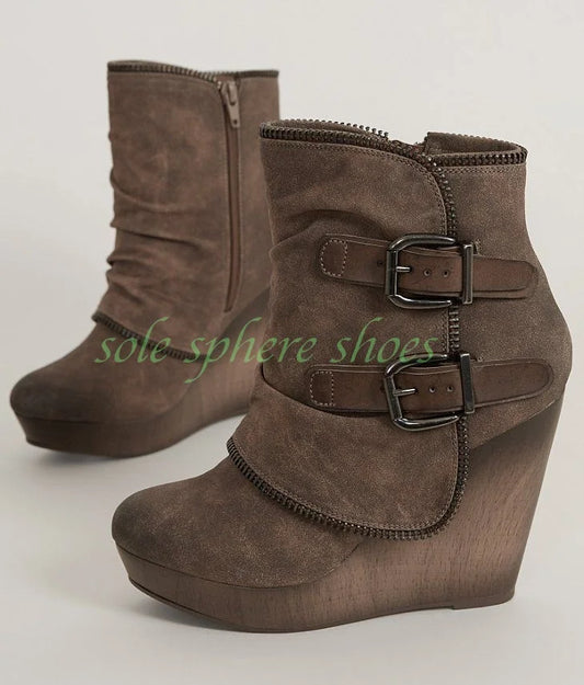 Vintage Suede Wedge Boots With Buckle