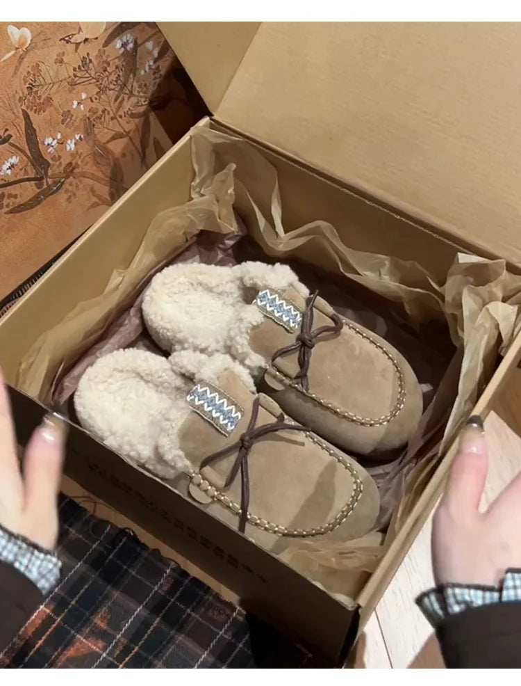 Sheepskin Fluffy Closed Toe Slippers Women Mules Shoes Warm Lace Up Indoor and Outdoor Cotton Shoes Female Winter Fashion