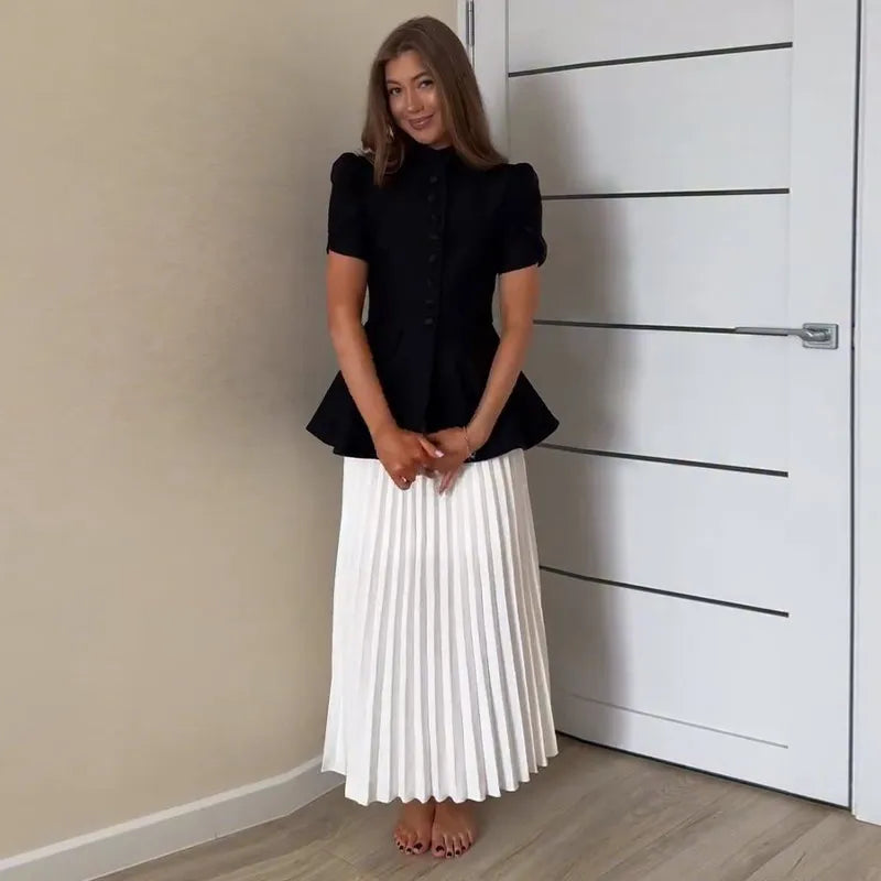 Chic Two Piece Blazer and Pleated Skirt Set for Women