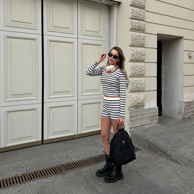 Striped Knit Top and Shorts Set with Button O Neck for Women